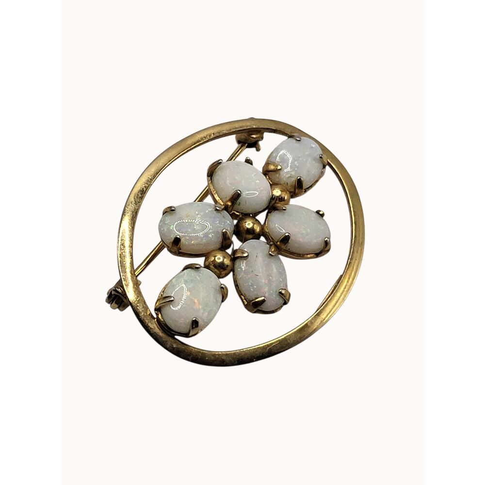Vintage 1/20 12K GF Opal Glass Floral Circle Brooch Gold Filled